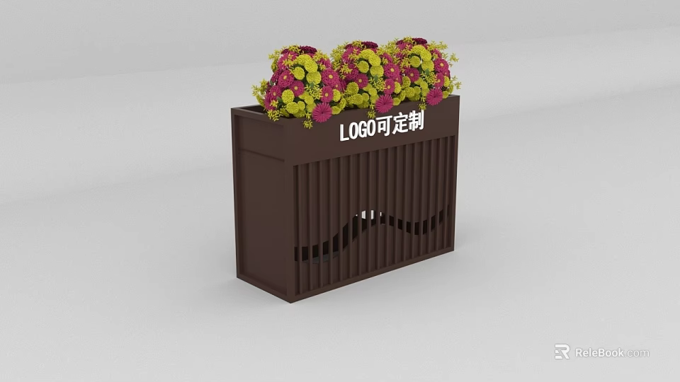 Brown Bonsai Planter With Vertical Slats Design Customizable Logo And Yellow Pink Flowers 3d model 