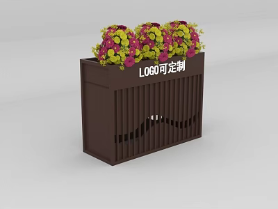 Brown Bonsai Planter With Vertical Slats Design Customizable Logo And Yellow Pink Flowers 3d model