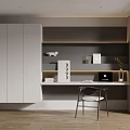 Modern Study Room Interior With Gray Bookshelves White Cabinets Desk Laptop Chair And Wooden Floors