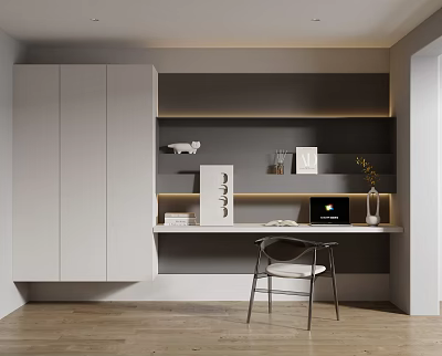 Modern Study Room Interior With Gray Bookshelves White Cabinets Desk Laptop Chair And Wooden Floors 3d model