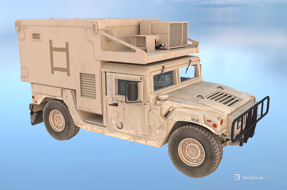 Military Style Utility Vehicle With Sand Color Roof Equipment And Off Road Tires 3d model 