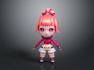Cute Cartoon Doll With Pink Hair Bow Purple Eyes Pink Top And White Shorts 3d model