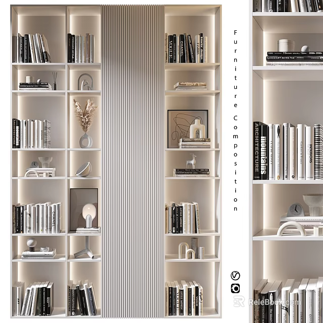 Modern White Bookshelves With Books Decorative Ornaments And Stylish Design 3d model 