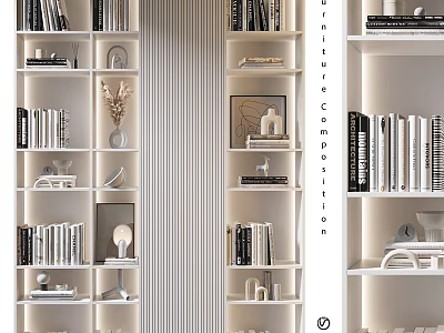 Modern White Bookshelves With Books Decorative Ornaments And Stylish Design 3d model