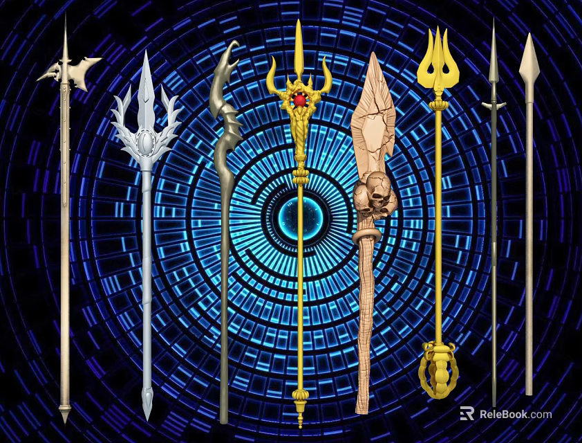 Various Decorative Mythical Spear Like Weapons With Ornate Designs And Mystical Background 3d model 