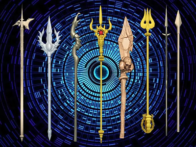 Various Decorative Mythical Spear Like Weapons With Ornate Designs And Mystical Background 3d model