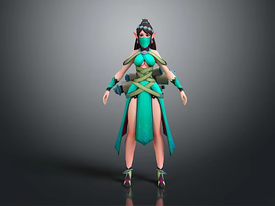 3D Female Fantasy Character With Green Blue Outfit Mask And Creature Inspired Features 3d model