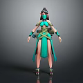3D Female Fantasy Character With Green Blue Outfit Mask And Creature Inspired Features
