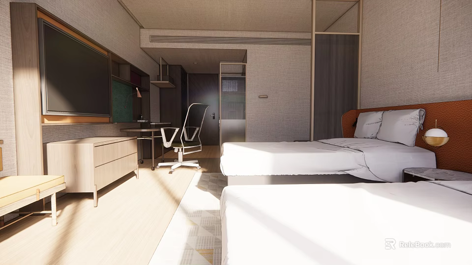 Modern Hotel Room Interior Design With Two Beds TV Desk And Chair 3d model 