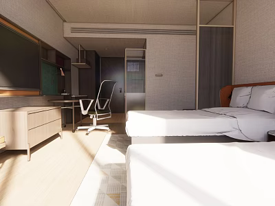 Modern Hotel Room Interior Design With Two Beds TV Desk And Chair 3d model