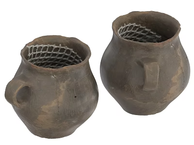 Two Handcrafted Ceramic Vessels with Handles Natural Texture and Interior Mesh 3d model