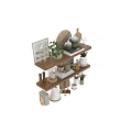 Organized Kitchenware Display on Wooden Shelves with Jars Cutting Boards Plants and Cookbooks