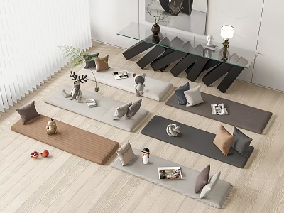 Soft Padded Floor Cushions In Various Colors With Decorative Ornaments And Cozy Living Room Setup 3d model