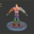 3D Muscular Character Red Hair Shoulder Armor Blue Tattoos Blue Pants Red Boots Stone Base