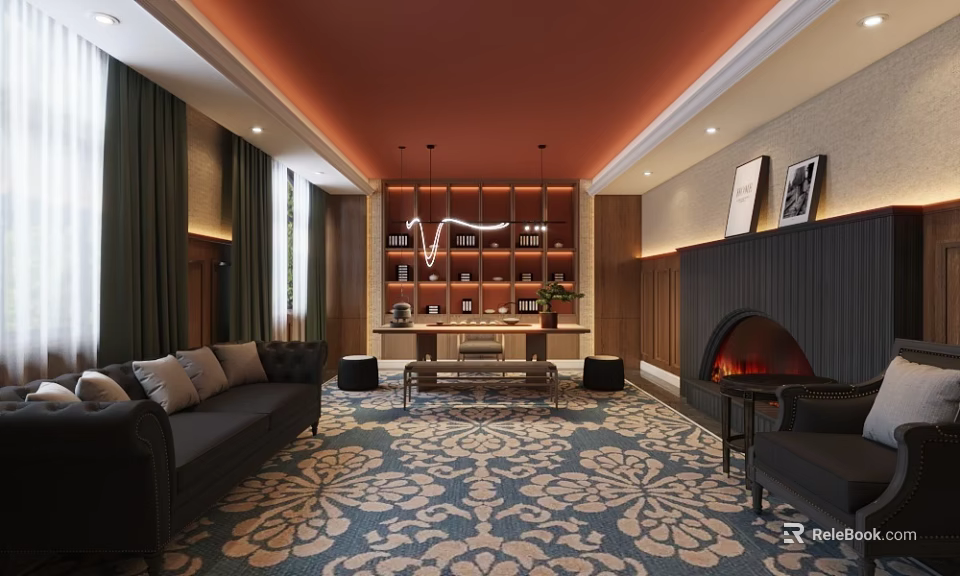 Elegant Hotel Public Lounge Area With Dark Sofas Patterned Carpet Fireplace And Chandelier 3d model