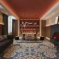 Elegant Hotel Public Lounge Area With Dark Sofas Patterned Carpet Fireplace And Chandelier 3d model