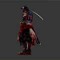 Muscular Warrior Man Holding Sword In Ornate Red Black Clothing Standing Pose