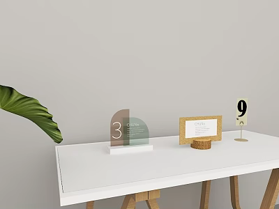 Modern White Desk With Geometric Decor Wooden Base Card Number 9 Calendar And Green Leaf 3d model