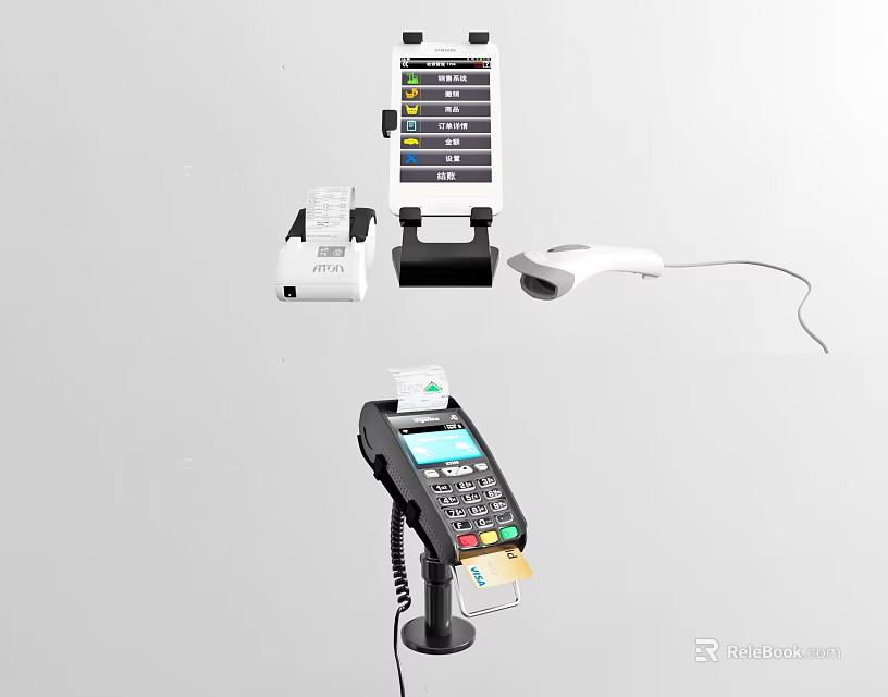 Efficient Commercial Equipment Setup With POS Terminal Receipt Printer And Barcode Scanner 3d model