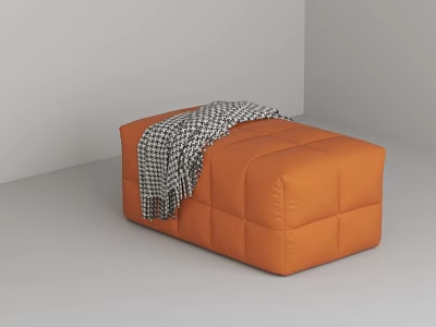 Stylish Orange Upholstered Ottoman Stool With Plush Houndstooth Throw Blanket For Cozy Modern Living Room 3d model