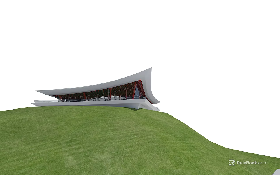 Modern Architectural Building With Curved Roof Structure On Green Grass Hillside 3d model 