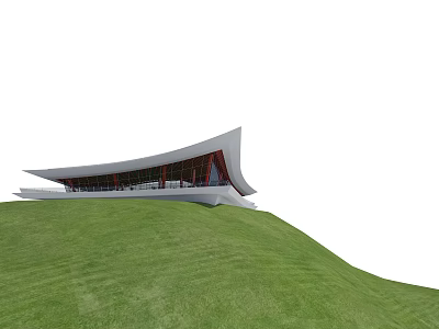 Modern Architectural Building With Curved Roof Structure On Green Grass Hillside 3d model