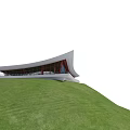 Modern Architectural Building With Curved Roof Structure On Green Grass Hillside