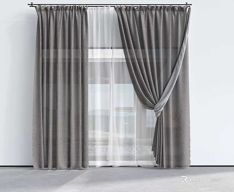 Gray Curtains With White Sheer Panels In Modern Window Interior Design 3d model 