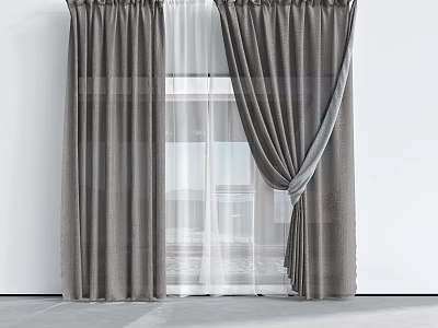 Gray Curtains With White Sheer Panels In Modern Window Interior Design 3d model