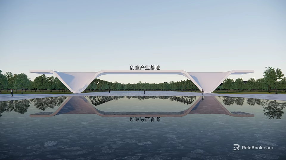 Modern Creative Industry Base Entrance Gate With Night View And Water Reflection 3d model