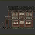 Ancient Two Story Building With Tiled Roof Wooden Pillars Red Decorated Doors Windows And Staircase