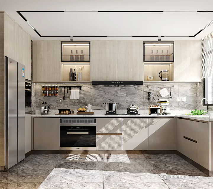 Modern Kitchen Interior Design With Light Wood Cabinets Marble Countertops And Stainless Steel Appliances 3d model 