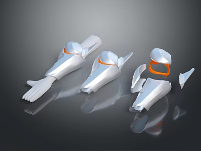 White Mechanical Components With Orange Accents And Prosthetic Design Elements 3d model