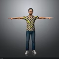 Standing Man With Arms Outstretched In Striped T Shirt Blue Jeans White Sneakers Gray Background