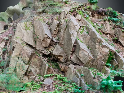 Natural Stone And Wood Structure With Green Moss And Lush Vegetation 3d model