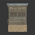 Small Wooden Cabin Featuring Blue Roof Lattice Windows Stone Base Wooden Bench with Yellow Items