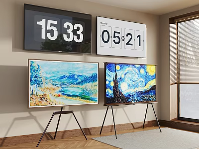 Modern TVs Displaying Time Landscape Painting And Starry Night On Stands In Living Room 3d model
