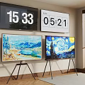 Modern TVs Displaying Time Landscape Painting And Starry Night On Stands In Living Room