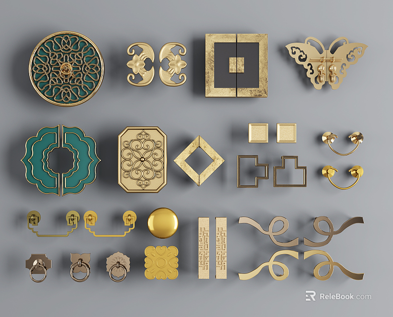Ornate Decorative Handles In Various Shapes With Brass And Green Enamel Accents 3d model 