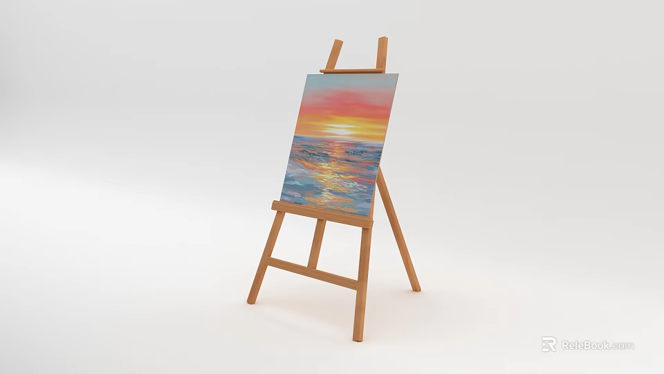 Wooden Easel With Canvas Painting Sunset Over Sea Art Supplies 3d model 