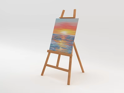 Wooden Easel With Canvas Painting Sunset Over Sea Art Supplies 3d model