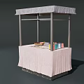 Gray Canopy Display Shelf With Pink Tablecloth And Colorful Items Tray Tools