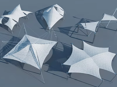 Tensile Membrane Structures With Various Geometric Designs And Steel Support Frames 3d model