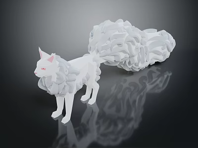 White Paper Art Cat Figure with Red Eyes and Fluffy Curled Tail Design 3d model