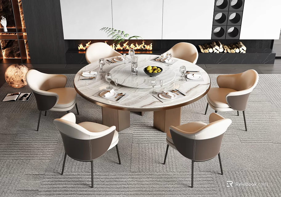 Elegant Round Dining Table Set With Marble Top Six Beige Brown Chairs 3d model