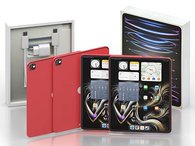 Red Tablet With Packaging Box And Interface Display Featuring App Icons And Map 3d model
