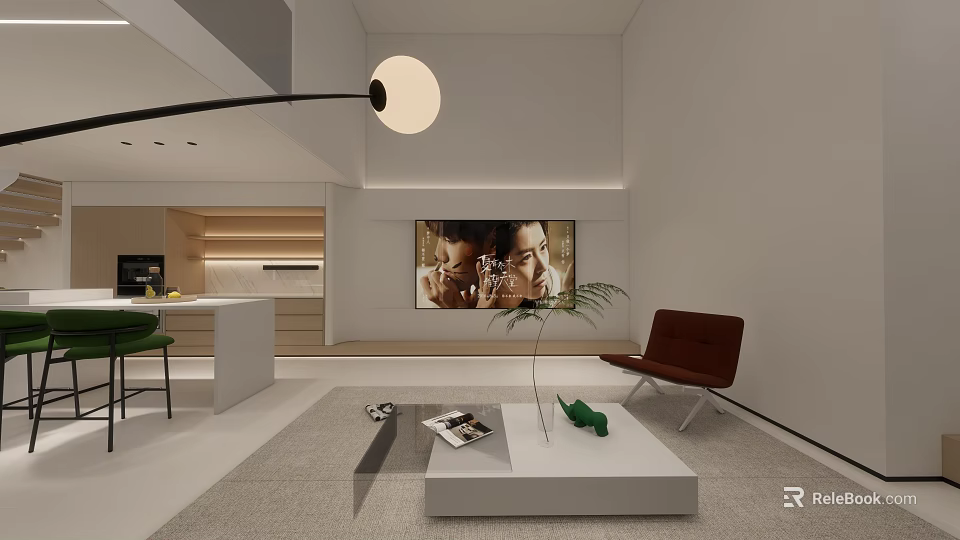 Modern Basement Living Space With Leather Chair Coffee Table Green Plant And TV Wall 3d model 