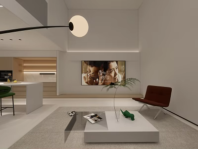 Modern Basement Living Space With Leather Chair Coffee Table Green Plant And TV Wall 3d model