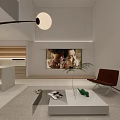 Modern Basement Living Space With Leather Chair Coffee Table Green Plant And TV Wall