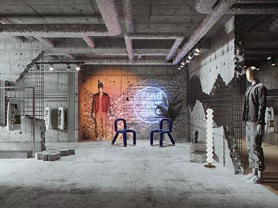 Modern Industrial Public Office Space With Open Layout Concrete Walls Exposed Ceilings And Blue Chairs 3d model